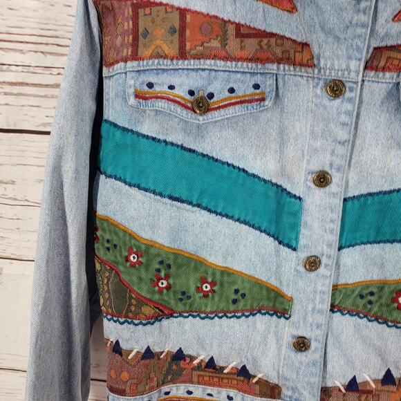 Petite Sophisticate Denim Patchwork Embroidered Crop Jacket Size Medium - Picture 13 of 14